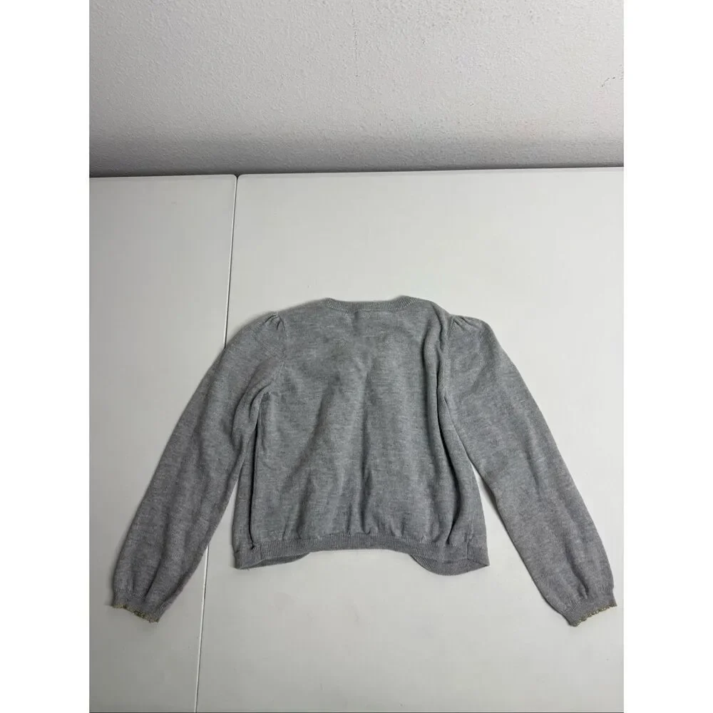 Gymboree Girls Ruffle Cardigan Sweater Size S 5-6 Gray Gold Trim Cotton Blend